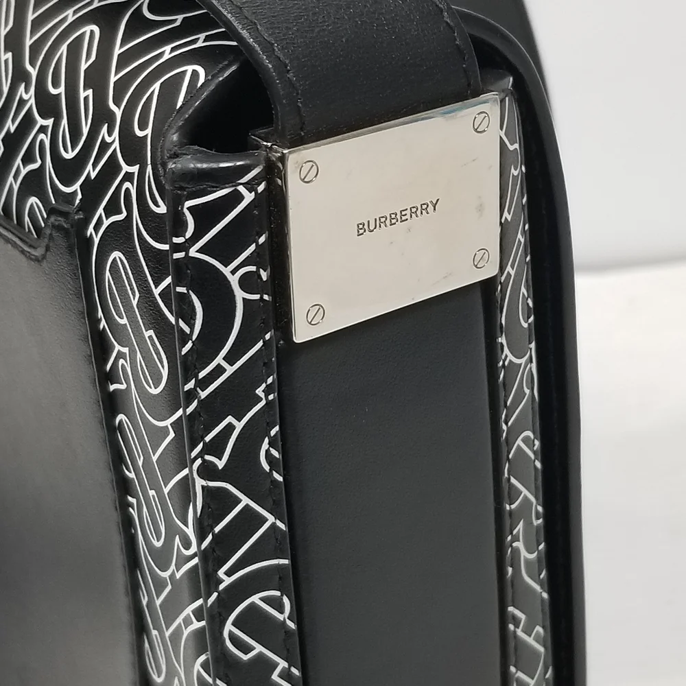 BURBERRY Calfskin Monogram TB Print Black and White Messenger Crossbody Bag